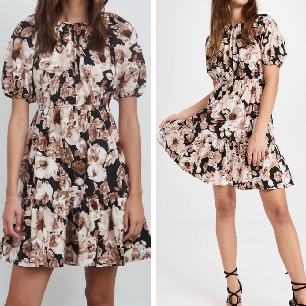 Rails Khloe Black Tiered Brown Floral Puff Sleeve Dress In Sepia Roses Print M